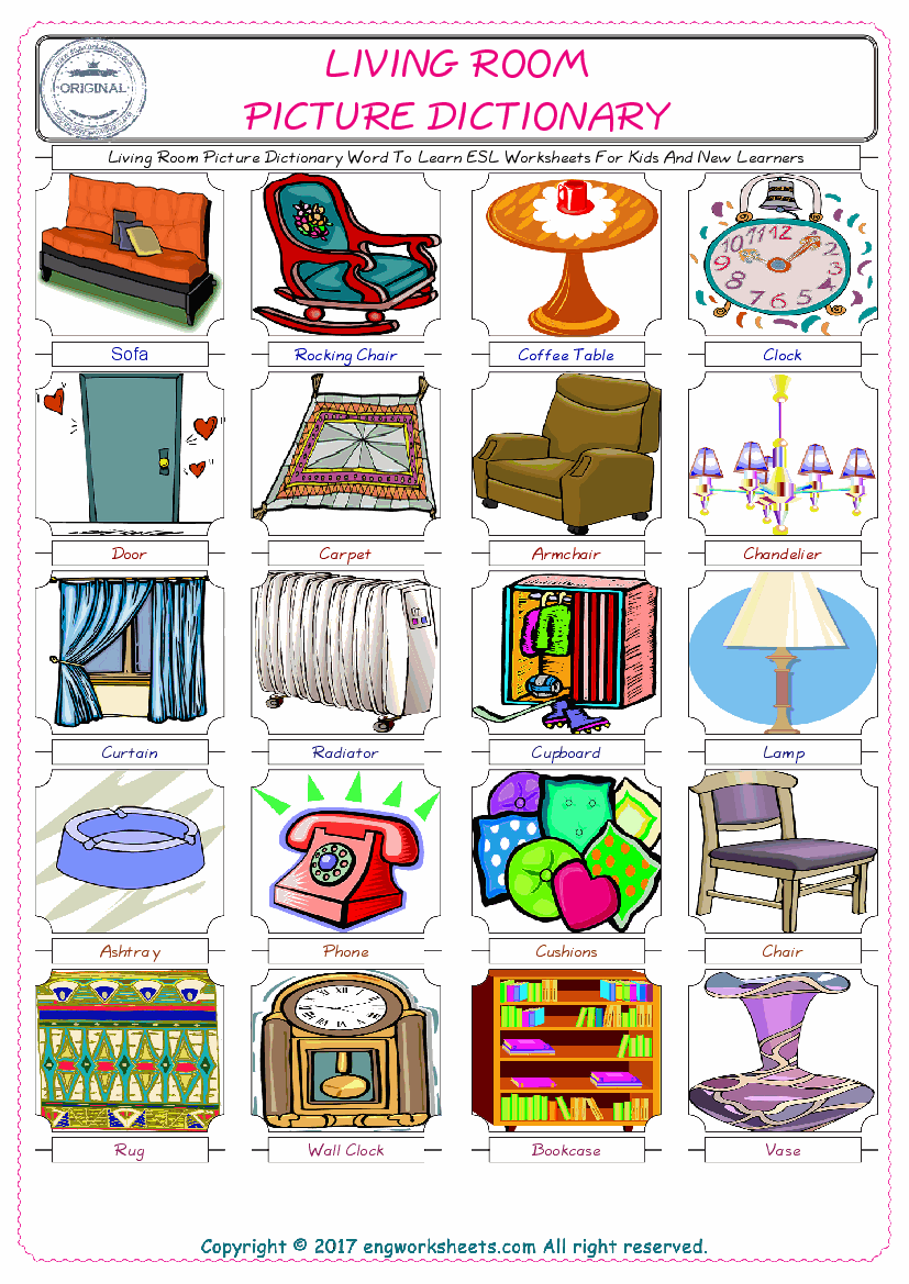  Living Room English Worksheet for Kids ESL Printable Picture Dictionary 